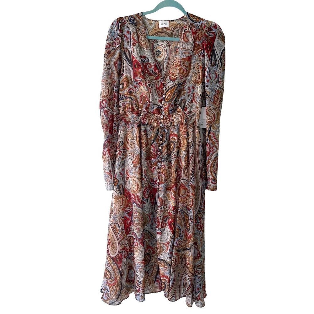 Lini Womens Midi Dress Size Medium Erica Beige Paisley Smocked V-Neck Puff New